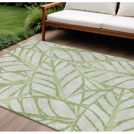 Artichoke Green And Beige Floral Washable Indoor Outdoor Area Rug Photo 1