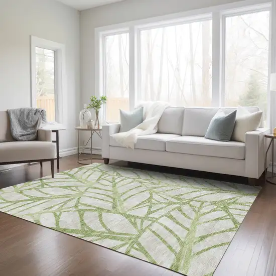 Artichoke Green And Beige Floral Washable Indoor Outdoor Area Rug Photo 7