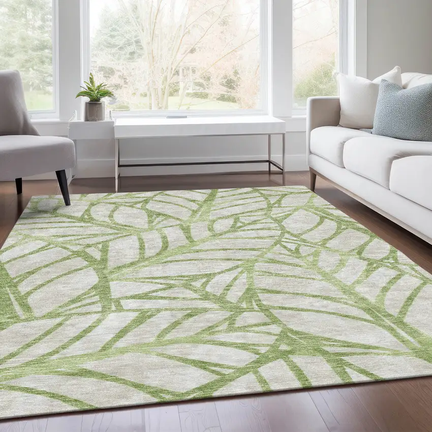 Artichoke Green And Beige Floral Washable Indoor Outdoor Area Rug Photo 7