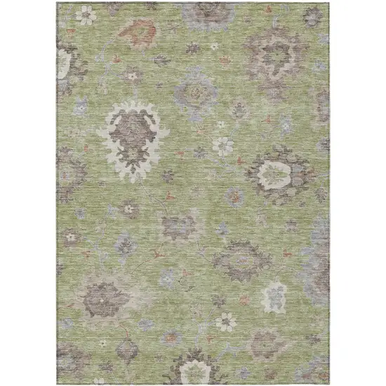 Artichoke Green And Beige Floral Washable Indoor Outdoor Area Rug Photo 1