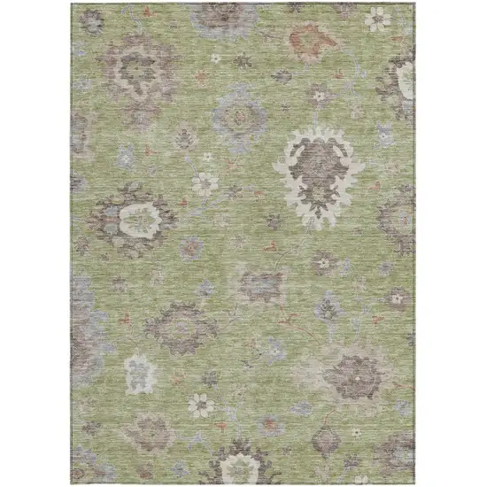 Artichoke Green And Beige Floral Washable Indoor Outdoor Area Rug Photo 6