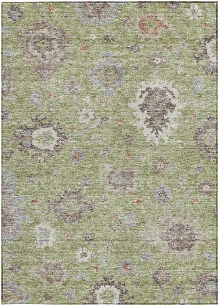 Artichoke Green And Beige Floral Washable Indoor Outdoor Area Rug Photo 6