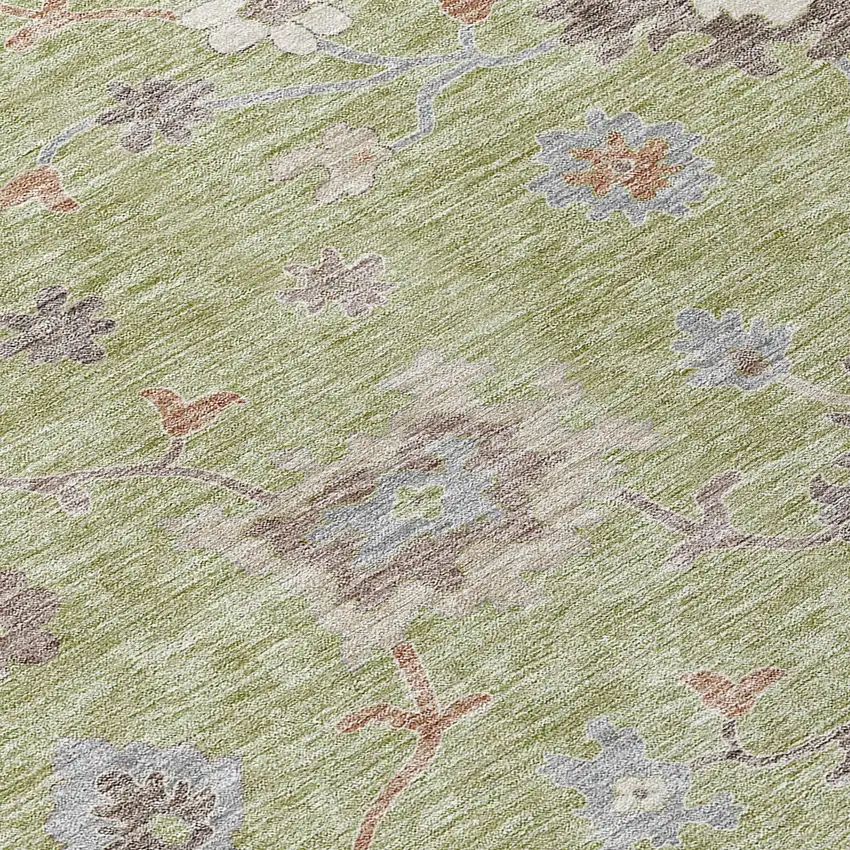 Artichoke Green And Beige Floral Washable Indoor Outdoor Area Rug Photo 4