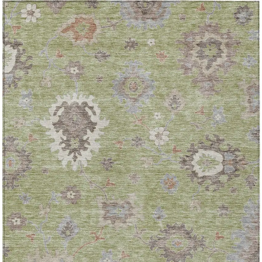 Artichoke Green And Beige Floral Washable Indoor Outdoor Area Rug Photo 6