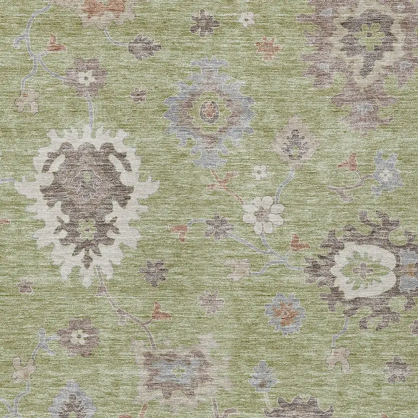 Artichoke Green And Beige Floral Washable Indoor Outdoor Area Rug Photo 5