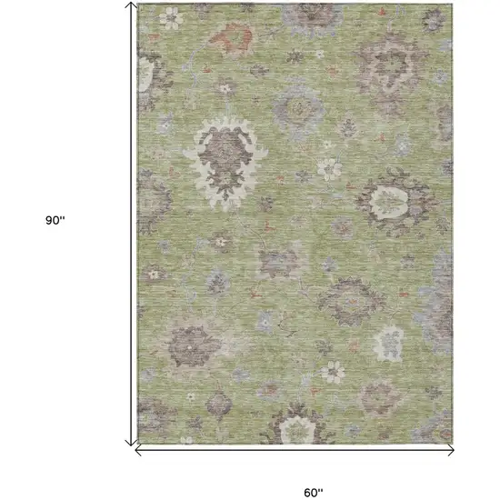 Artichoke Green And Beige Floral Washable Indoor Outdoor Area Rug Photo 8