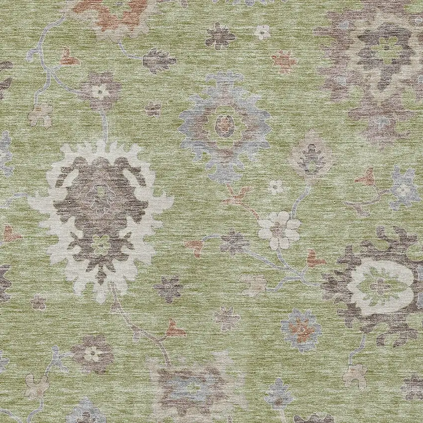 Artichoke Green And Beige Floral Washable Indoor Outdoor Area Rug Photo 5