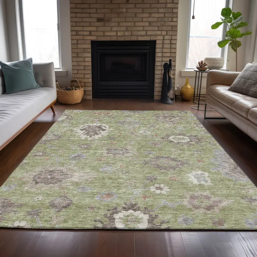 Artichoke Green And Beige Floral Washable Indoor Outdoor Area Rug Photo 8