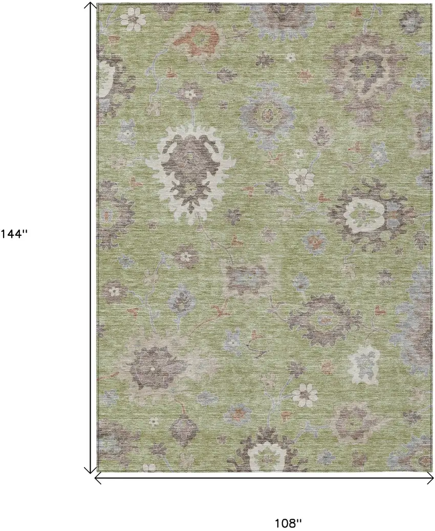 Artichoke Green And Beige Floral Washable Indoor Outdoor Area Rug Photo 8
