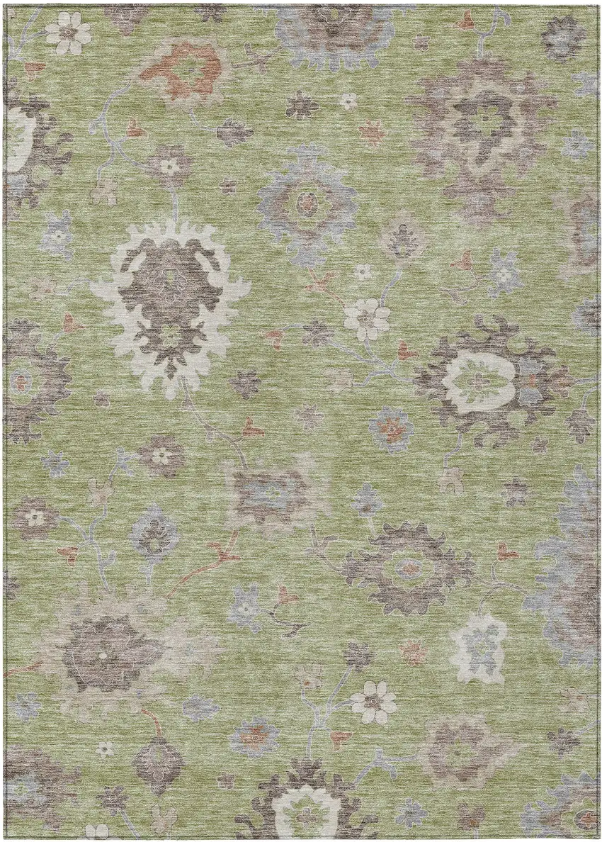 Artichoke Green And Beige Floral Washable Indoor Outdoor Area Rug Photo 1