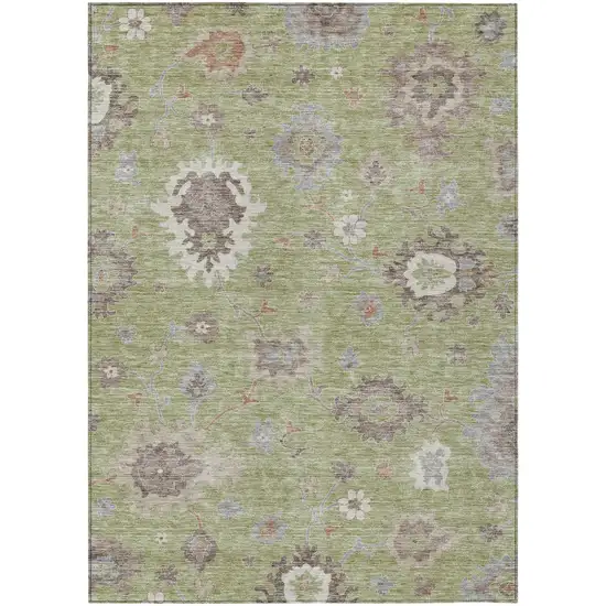 Artichoke Green And Beige Floral Washable Indoor Outdoor Area Rug Photo 1
