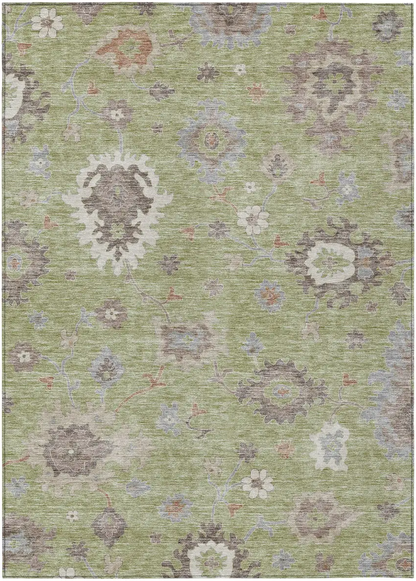 Artichoke Green And Beige Floral Washable Indoor Outdoor Area Rug Photo 1