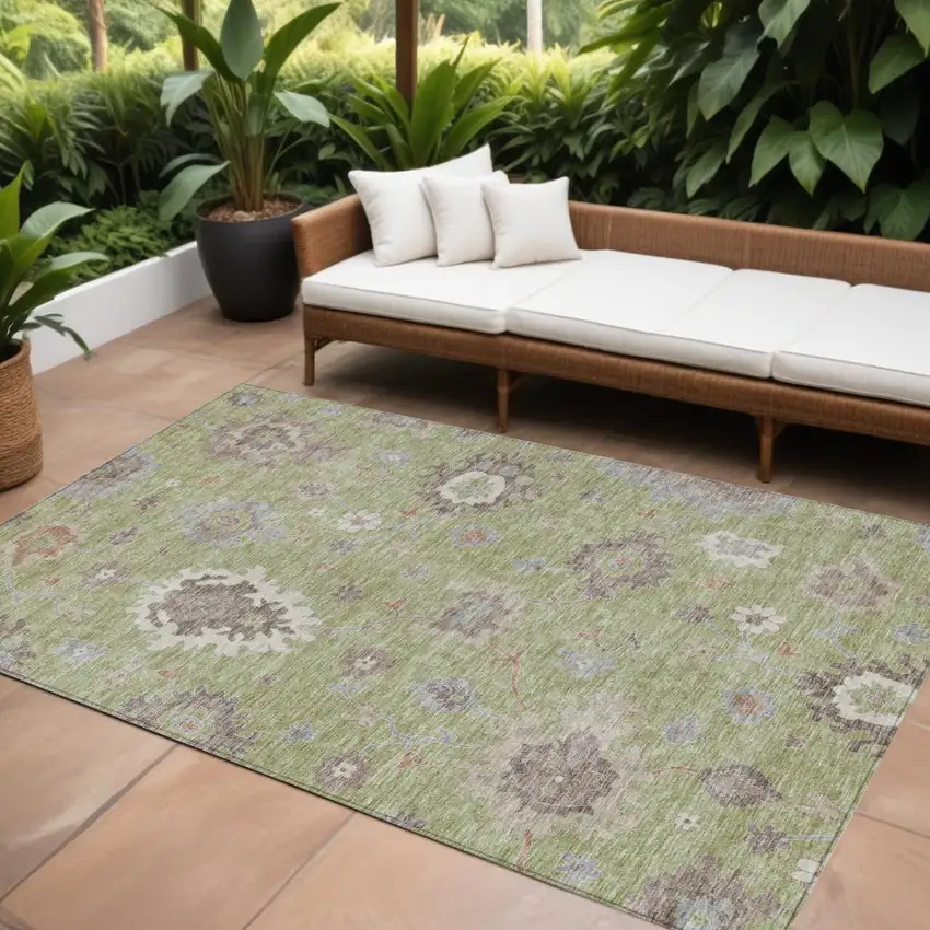 Artichoke Green And Beige Floral Washable Indoor Outdoor Area Rug Photo 1