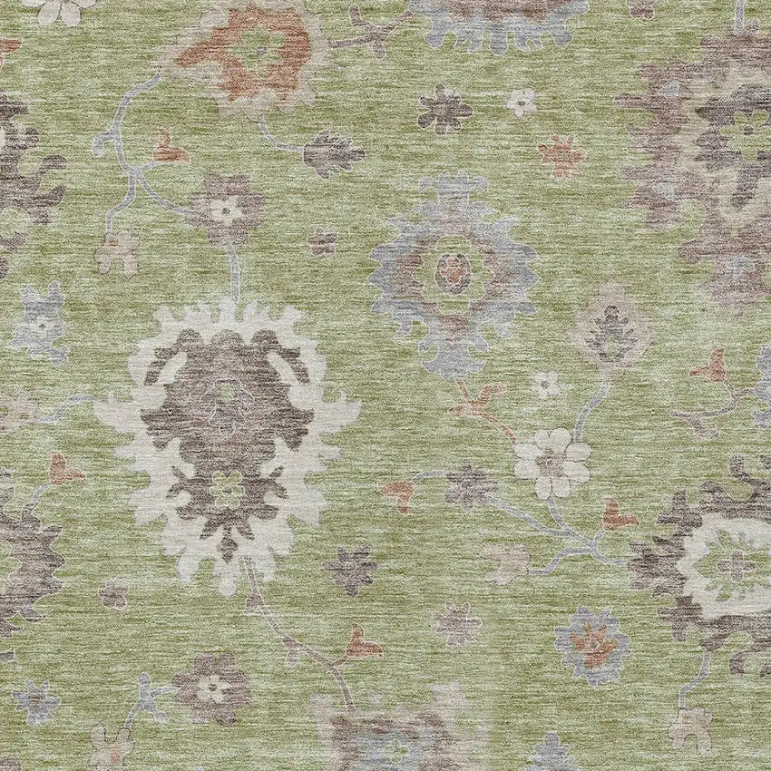 Artichoke Green And Beige Floral Washable Indoor Outdoor Area Rug Photo 5