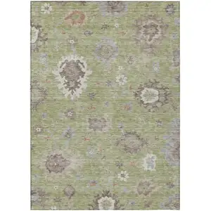 Photo of Artichoke Green And Beige Floral Washable Indoor Outdoor Area Rug