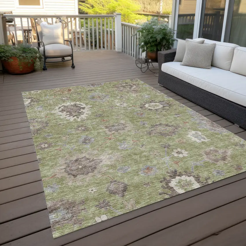 Artichoke Green And Beige Floral Washable Indoor Outdoor Area Rug Photo 9