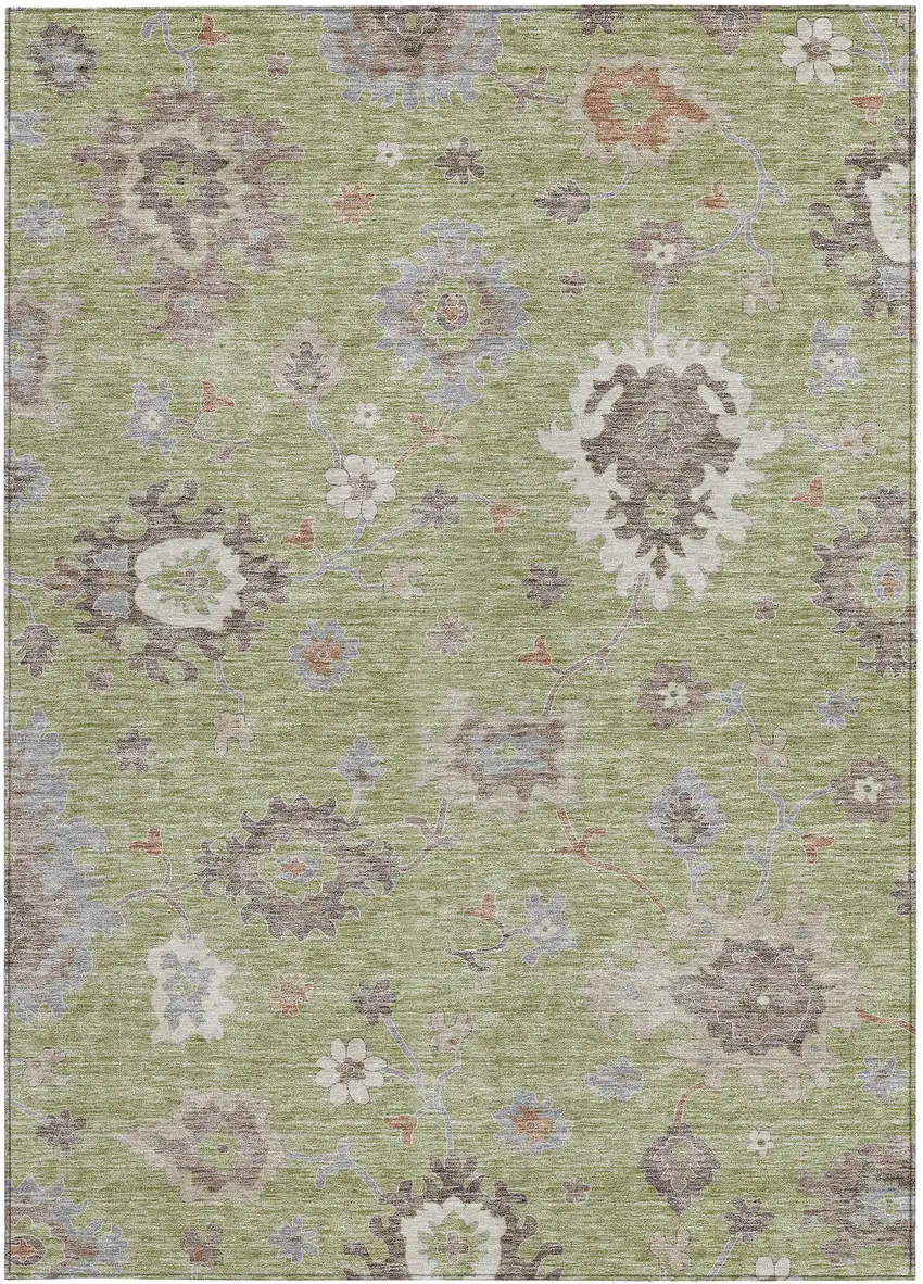 Artichoke Green And Beige Floral Washable Indoor Outdoor Area Rug Photo 5