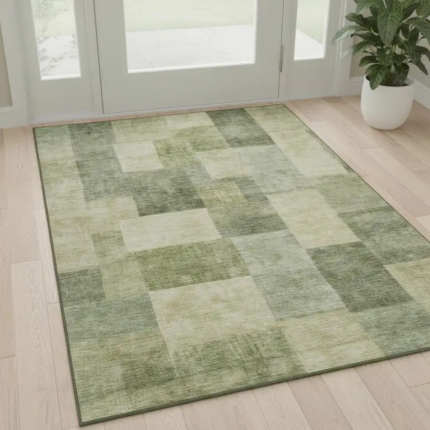 Artichoke Green And Beige Geometric Washable Area Rug With UV Protection Photo 2