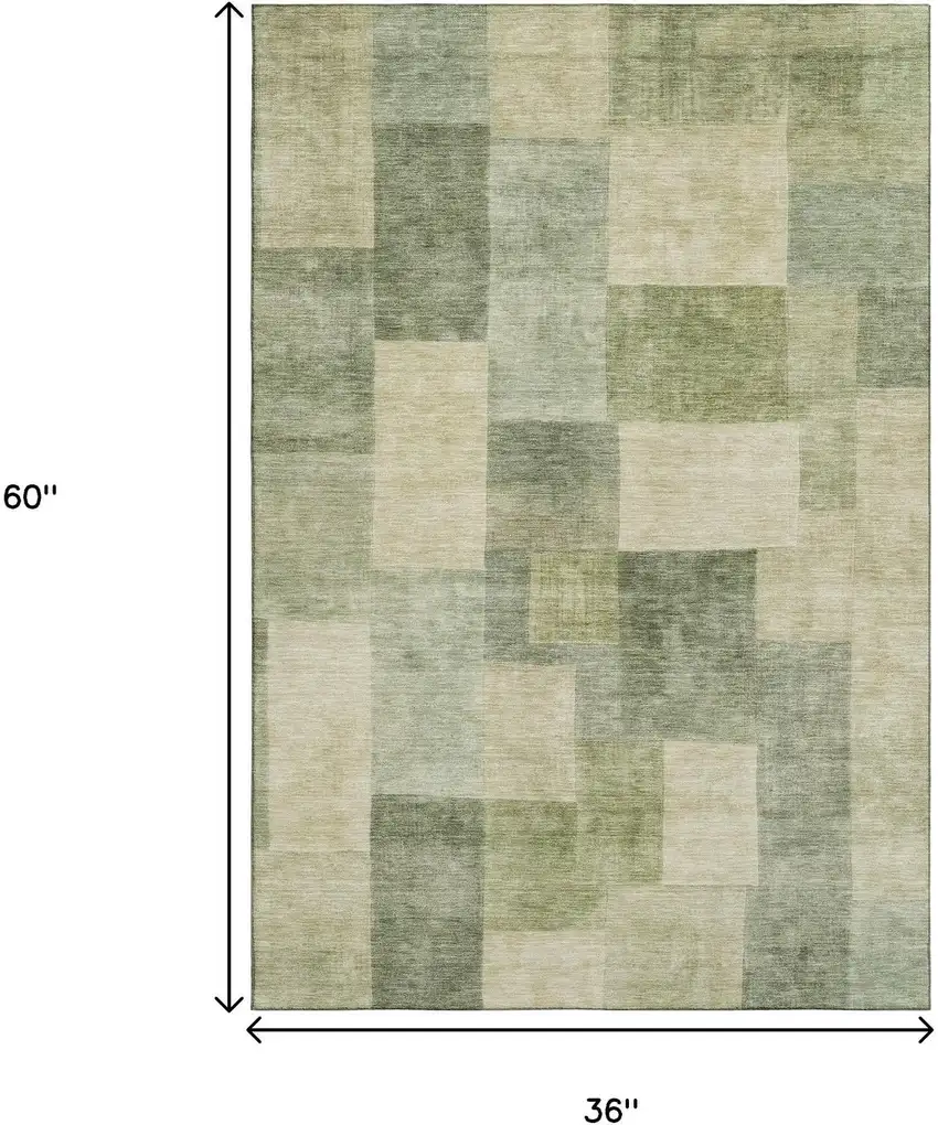 Artichoke Green And Beige Geometric Washable Area Rug With UV Protection Photo 3