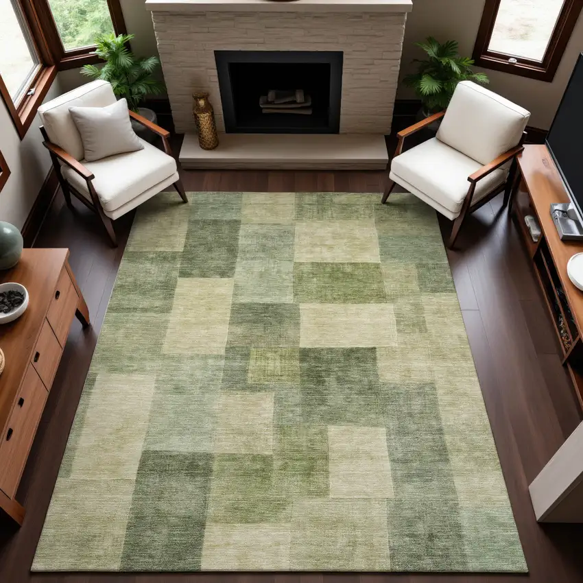 Artichoke Green And Beige Geometric Washable Area Rug With UV Protection Photo 4