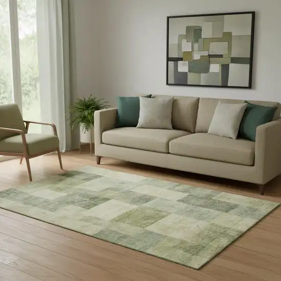 Artichoke Green And Beige Geometric Washable Area Rug With UV Protection Photo 2
