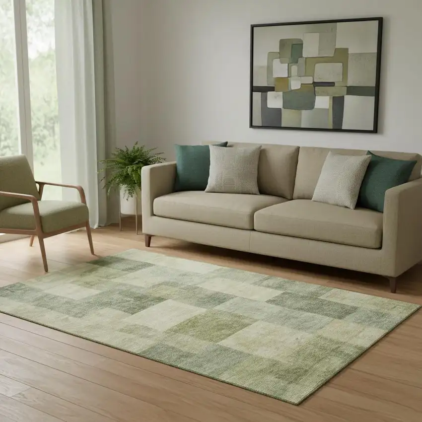 Artichoke Green And Beige Geometric Washable Area Rug With UV Protection Photo 2