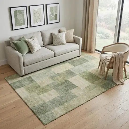 Artichoke Green And Beige Geometric Washable Area Rug With UV Protection Photo 1