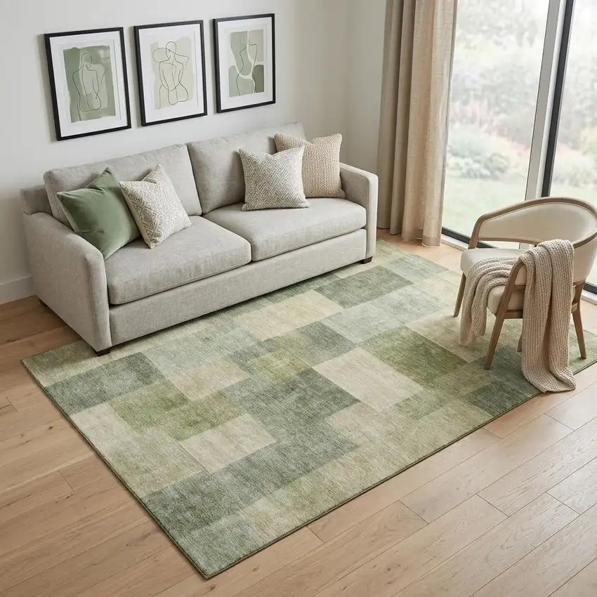 Artichoke Green And Beige Geometric Washable Area Rug With UV Protection Photo 1