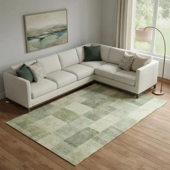 Artichoke Green And Beige Geometric Washable Area Rug With UV Protection Photo 2
