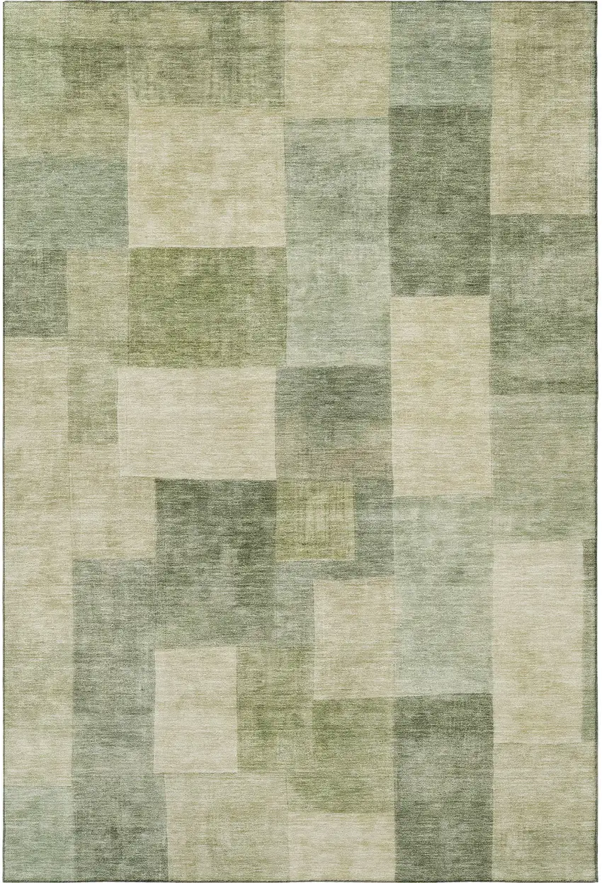 Artichoke Green And Beige Geometric Washable Area Rug With UV Protection Photo 3