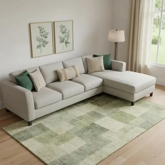 Artichoke Green And Beige Geometric Washable Area Rug With UV Protection Photo 2