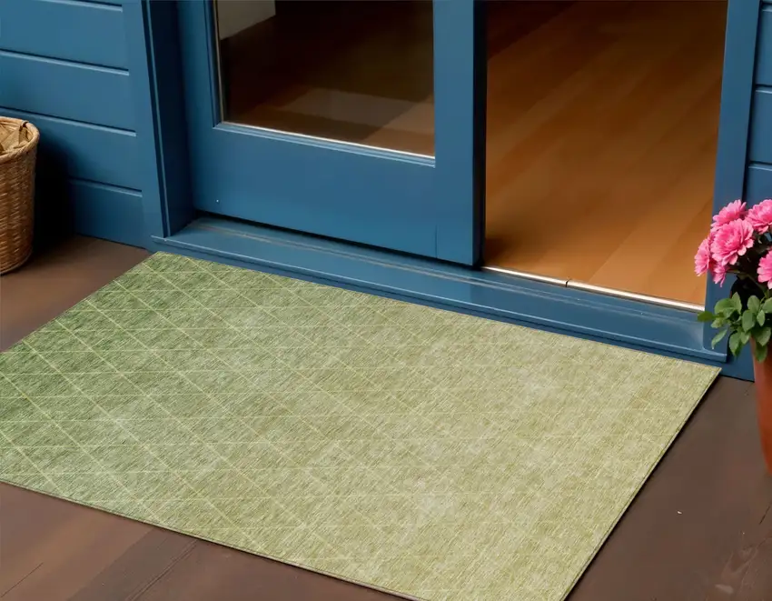 Artichoke Green And Beige Geometric Washable Indoor Outdoor Area Rug Photo 1