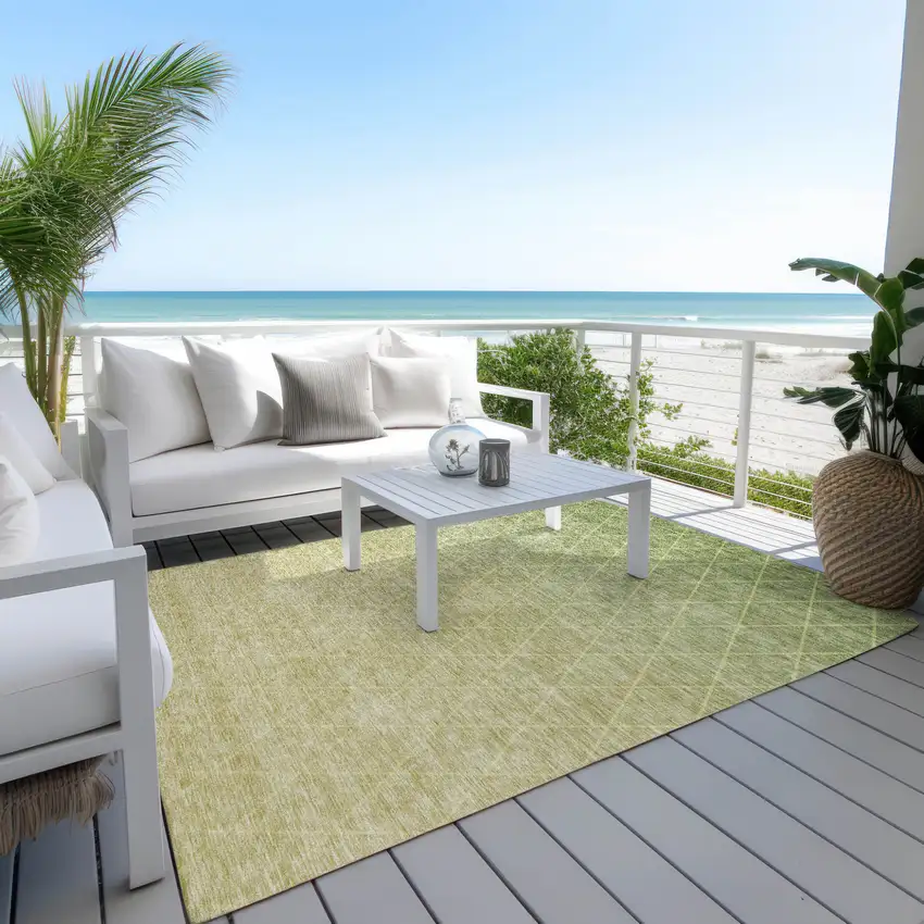 Artichoke Green And Beige Geometric Washable Indoor Outdoor Area Rug Photo 8
