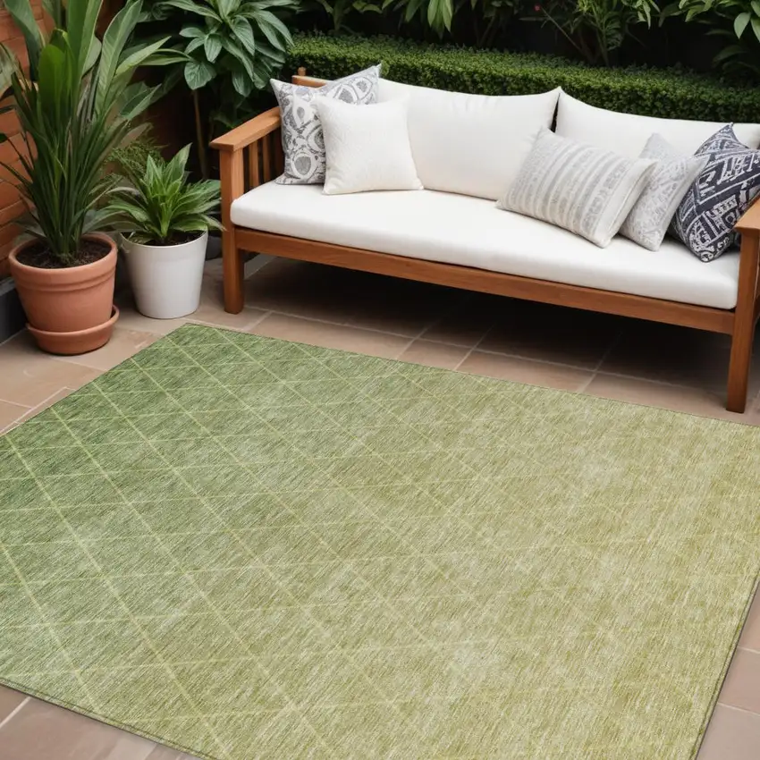 Artichoke Green And Beige Geometric Washable Indoor Outdoor Area Rug Photo 1