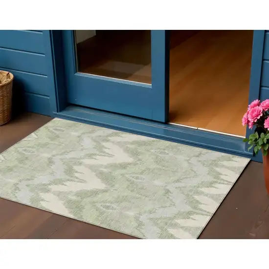 Artichoke Green And Beige Ikat Washable Indoor Outdoor Area Rug Photo 1