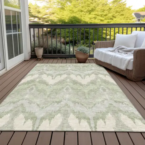 Artichoke Green And Beige Ikat Washable Indoor Outdoor Area Rug Photo 6