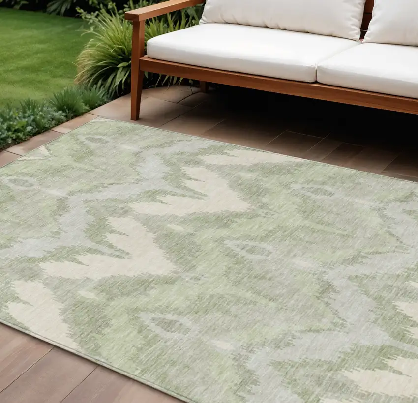 Artichoke Green And Beige Ikat Washable Indoor Outdoor Area Rug Photo 1