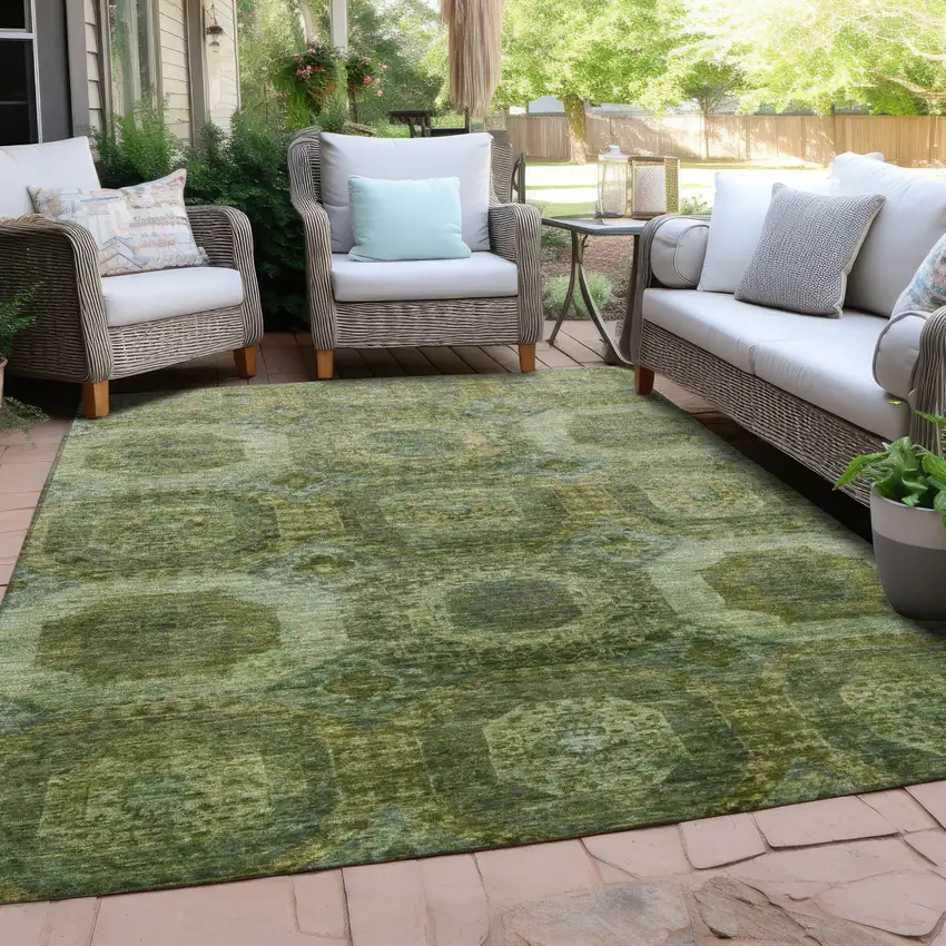 Artichoke Green And Beige Medallion Washable Indoor Outdoor Area Rug Photo 4