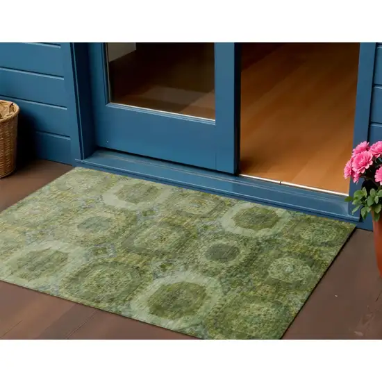 Artichoke Green And Beige Medallion Washable Indoor Outdoor Area Rug Photo 2