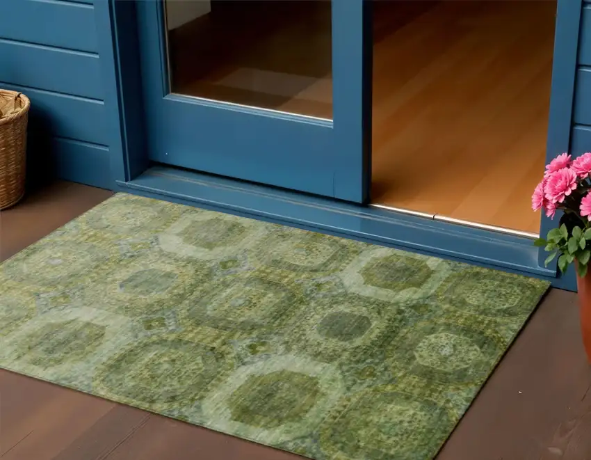 Artichoke Green And Beige Medallion Washable Indoor Outdoor Area Rug Photo 2