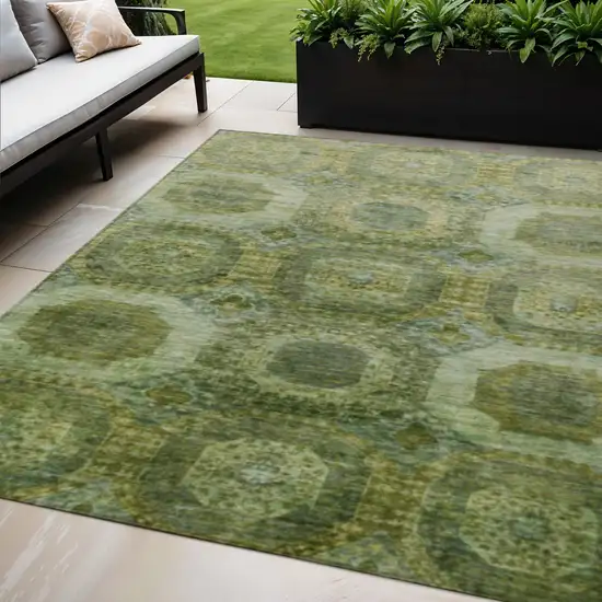 Artichoke Green And Beige Medallion Washable Indoor Outdoor Area Rug Photo 2