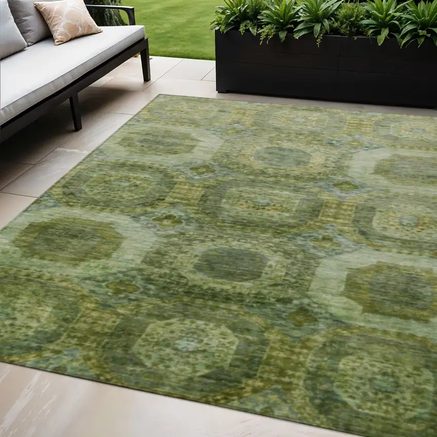 Artichoke Green And Beige Medallion Washable Indoor Outdoor Area Rug Photo 2