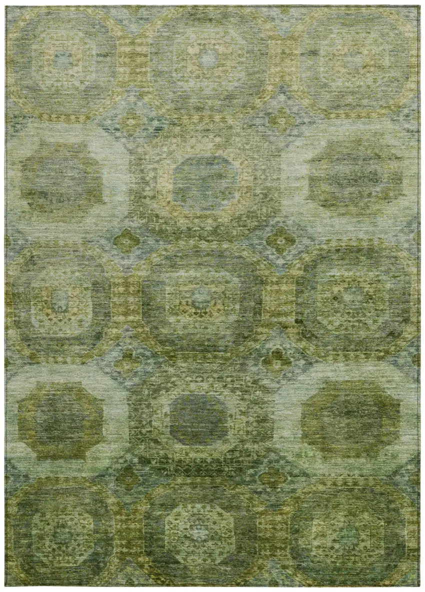 Artichoke Green And Beige Medallion Washable Indoor Outdoor Area Rug Photo 1