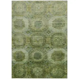 Photo of Artichoke Green And Beige Medallion Washable Indoor Outdoor Area Rug