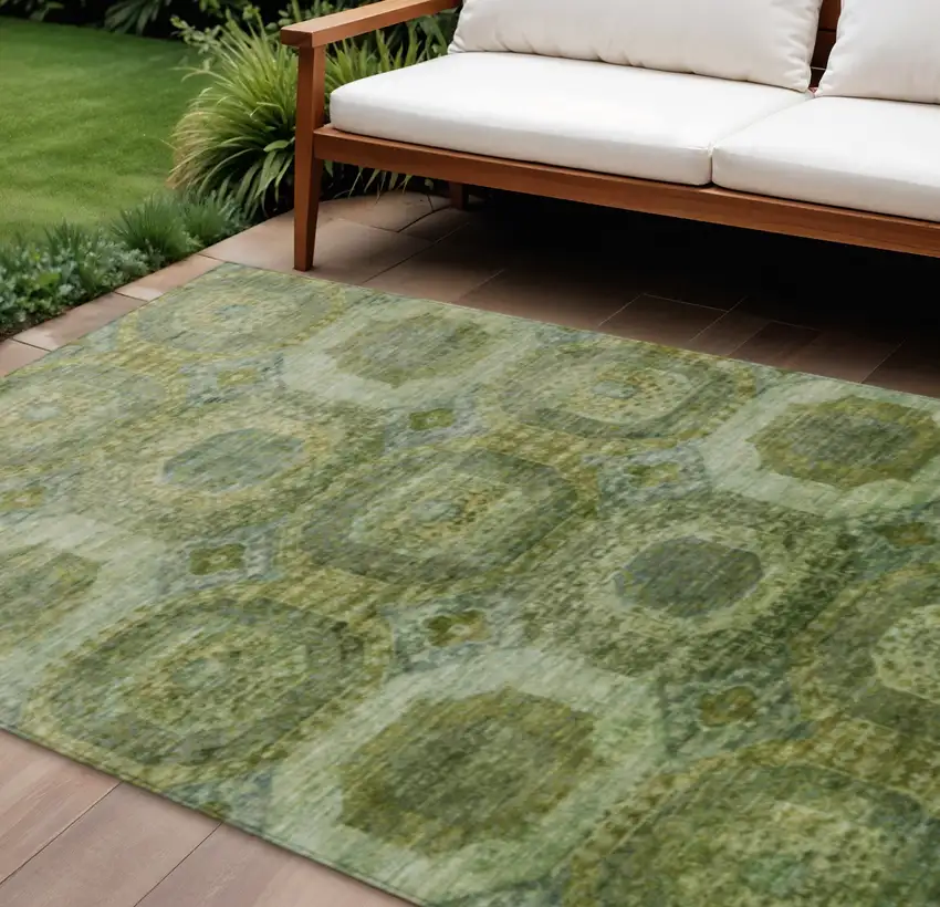 Artichoke Green And Beige Medallion Washable Indoor Outdoor Area Rug Photo 2