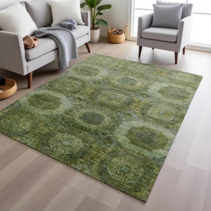 Artichoke Green And Beige Medallion Washable Indoor Outdoor Area Rug Photo 5