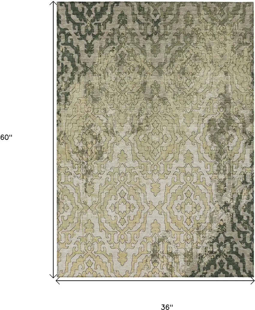 Artichoke Green And Beige Medallion Washable Indoor Outdoor Area Rug Photo 3