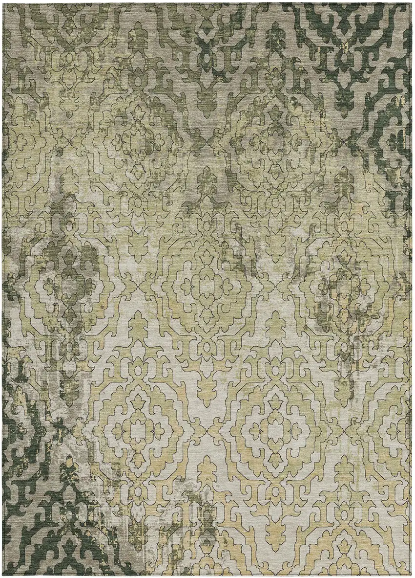 Artichoke Green And Beige Medallion Washable Indoor Outdoor Area Rug Photo 7
