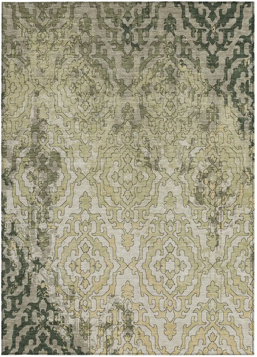 Artichoke Green And Beige Medallion Washable Indoor Outdoor Area Rug Photo 7