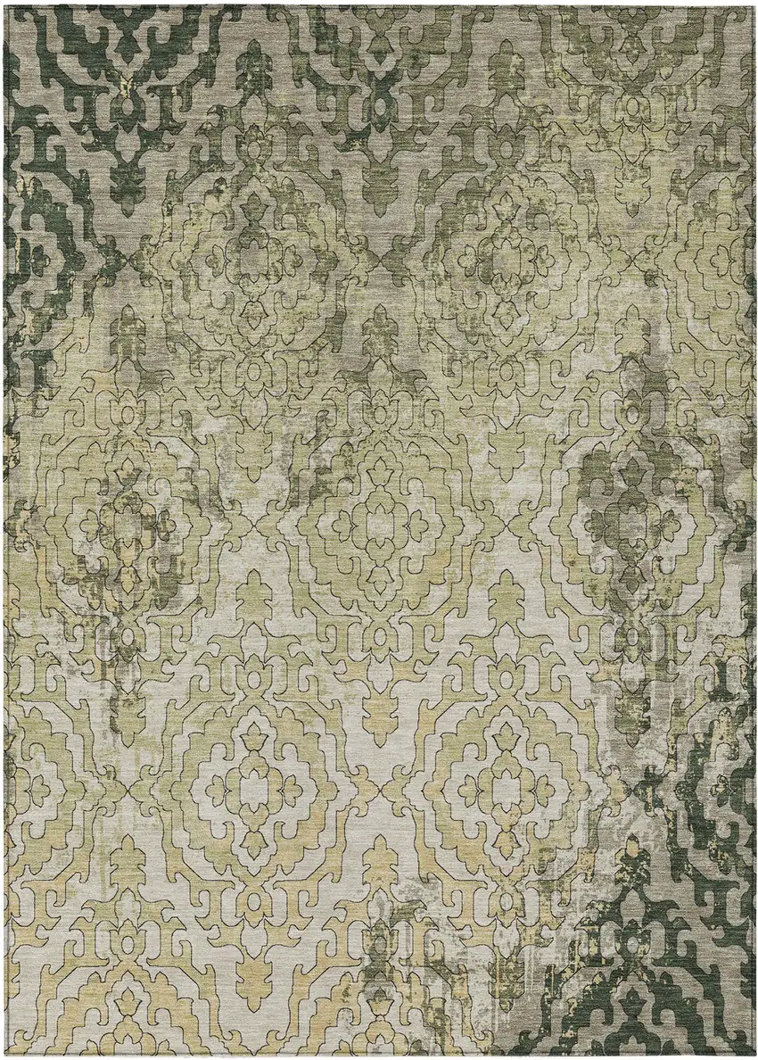Artichoke Green And Beige Medallion Washable Indoor Outdoor Area Rug Photo 2